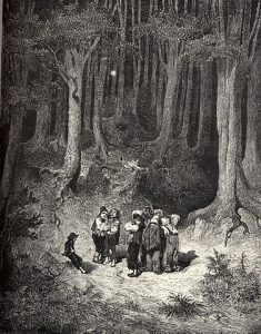 Poucet et ses frères perdus dans la forêt épaisse, gravure de Gustave Doré