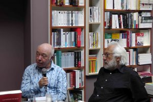 Jacques Sojcher (poète), Richard Kenigsman (peintre) dans la librairie La Licorne à Bruxelles, vagabondssanstreves.com 