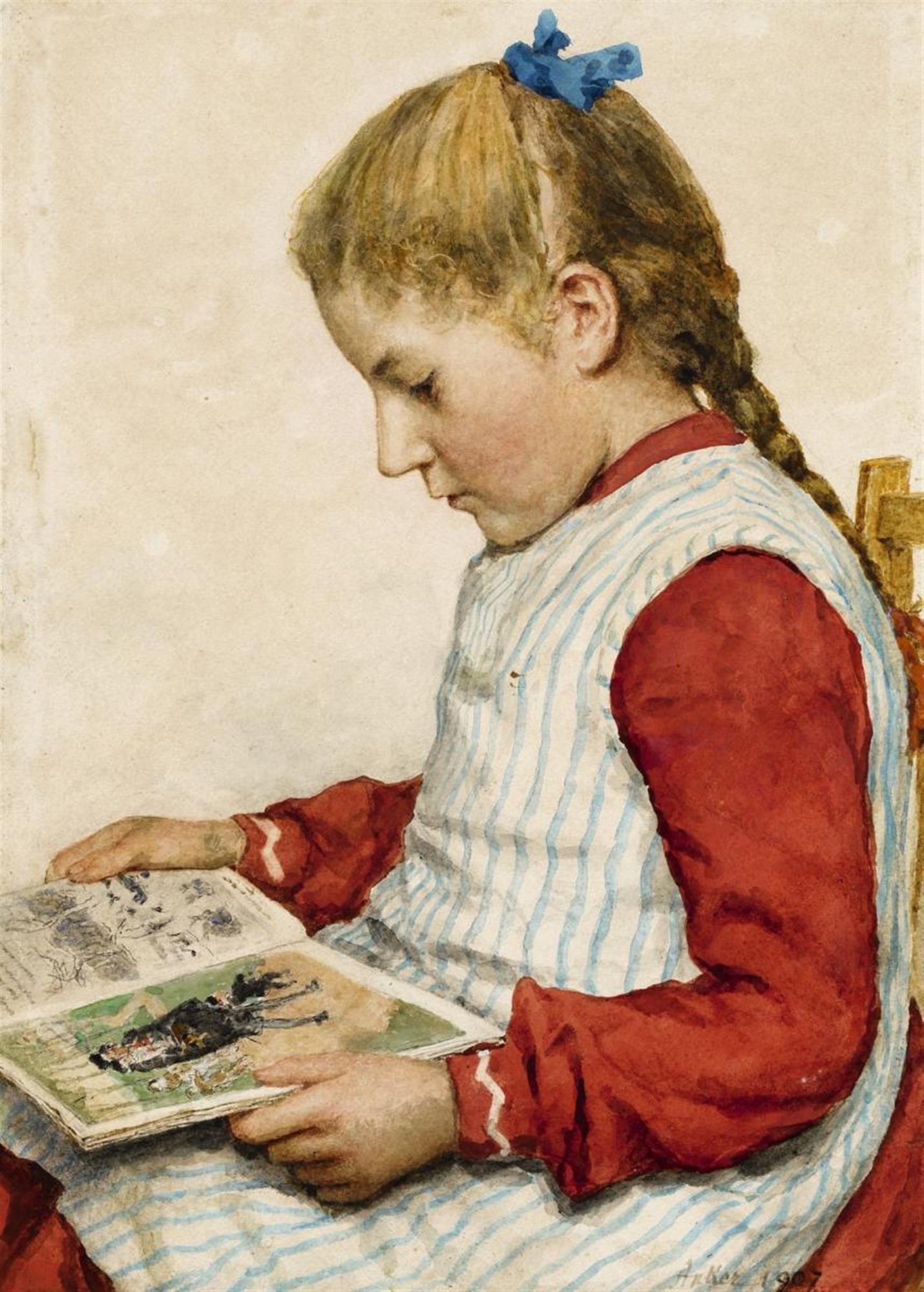 Albert Anker, A Girl Looking at a Book, 1907