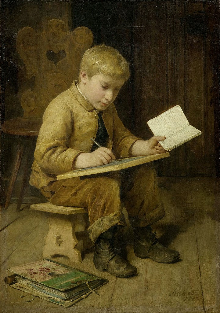 Albert Anker Schreibender Knabe, 1883, www.artnet.com